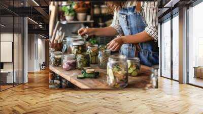 a woman in her kitchen preparing jars with different pickles (2) Wall mural