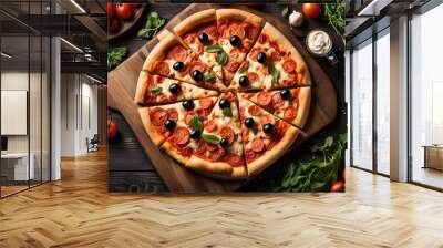 Delicious Pepperoni Pizza with Olives and Basil Wall mural