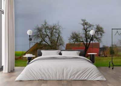 Rural scenery with fields with blooming rapeseed and farm buildings on horizon on a sunny autumn day Wall mural