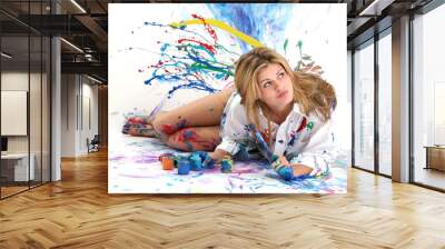 beautiful young woman painting Wall mural