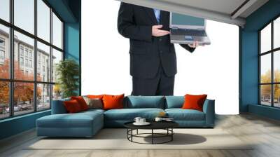 businessman standing with briefcase and open lapto Wall mural