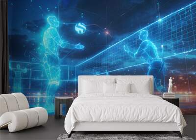 A futuristic beach volleyball game unfolds at night with glowing holographic players alongside a real player, creating a dynamic scene Wall mural