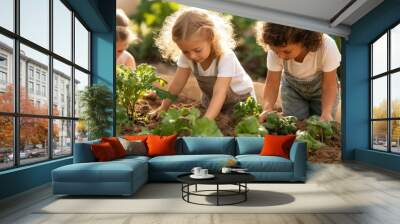 Children learning to farm in a community garden, representing the future of sustainable agriculture and environmental stewardship Wall mural