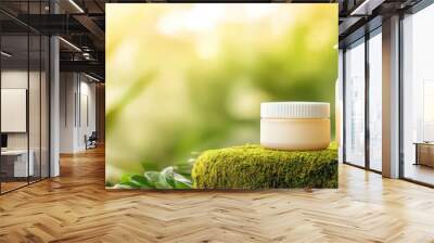 Natural beauty and health products on a moss-covered podium outdoors, with lush plants and soft sunlight highlighting holistic wellness Wall mural