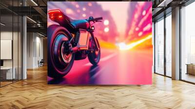 Powerful electric motor, futuristic bike design, high-speed urban route, neon-lit streets, fast city travel Wall mural