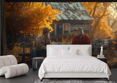  relaxed setting two truckers sit on a bench  Wall mural