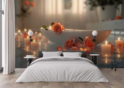 white bathroom interior with candles and roses Wall mural