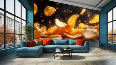 A dynamic splash of golden potato chips in mid-air. Wall mural