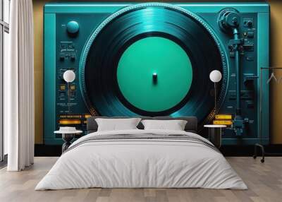 A top-down view of a turntable ready for vinyl playback. Wall mural