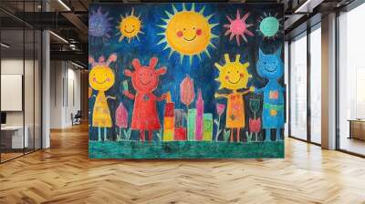 Colorful drawing of happy characters and a bright sun against a dark sky. Wall mural