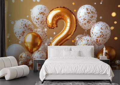 Golden number 2 balloon surrounded by festive confetti balloons. Wall mural