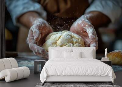 Hands kneading dough with flour, preparing for baking bread. Wall mural