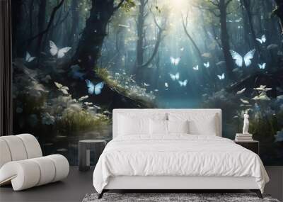 magical and very light atmosphere forest and country, emerging from the water with a light, floral , white and blues bitterflies, HD, blu sky Wall mural