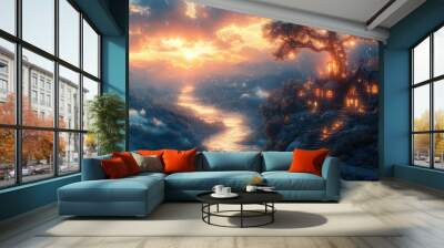 Serene landscape with a glowing house by a river at sunset. Wall mural