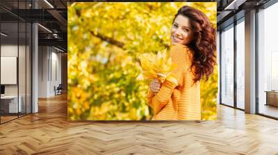 Autumn woman in autumn park. Warm sunny weather. Fall concept Wall mural