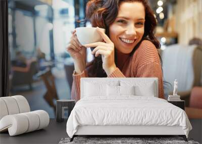 woman drinking coffee in a cafe Wall mural