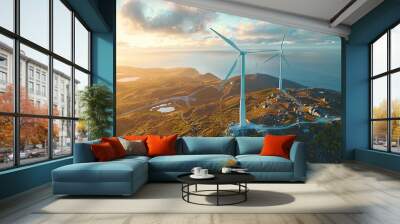 Aerial view of wind turbines by the sea Wall mural