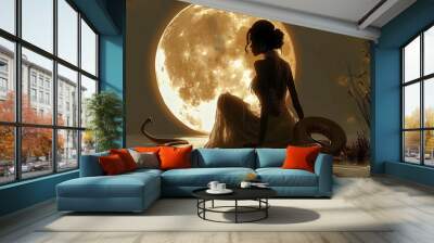 At fool moon Egyptian queen riding a snake illustration Wall mural