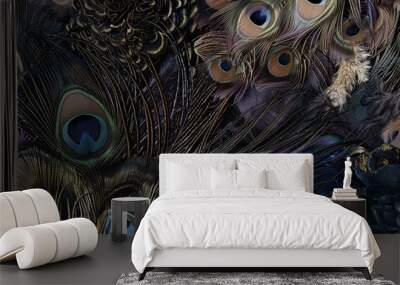 Textured background with rich animal themes such as peacock feathers, jellyfish, and animal fu Wall mural