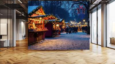 Christmas Market with Colorful Stalls and Twinkling Lights: Showcases a bustling Christmas market with colorful stalls and twinkling lights, creating a festive and lively scene. Wall mural