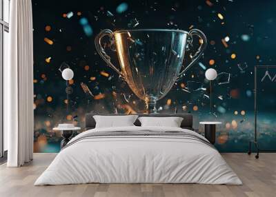 Dynamic 3D Rendering of Trophy Cup Shattering: Symbolizing Breaking Records and Pushing Boundaries with Digital Fragments Representing Achievement and Success. Wall mural