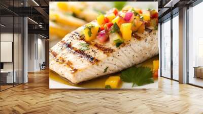 Grilled Mahi Mahi with Tropical Fruit Salsa: Showcases a delicious grilled mahi mahi dish served with a vibrant tropical fruit salsa, highlighting a fresh and flavorful meal. Wall mural