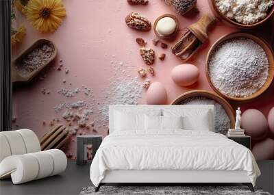 Ingredients and utensils for baking on a pastel background. Wall mural