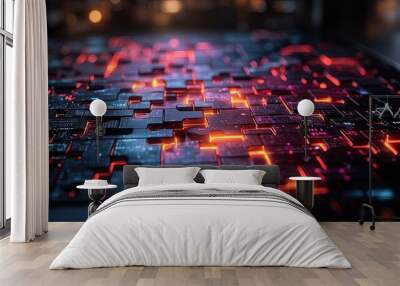 Pixelated Puzzle - Icons Fitting Together on a Laptop's Upside like a Jigsaw, with a Digital Background Wall mural