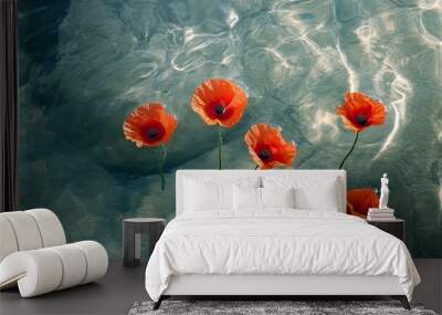 Red Poppies Floating in Clear Water: Captures the beauty of red poppies gently floating on clear water, creating a tranquil and elegant image. Wall mural