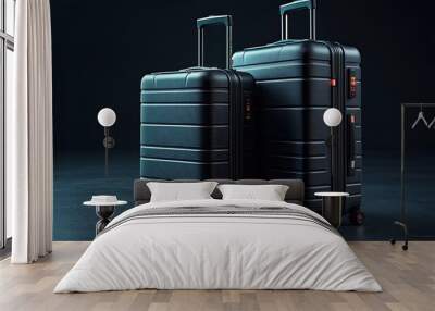 Two stylish black suitcases on a dark background showcasing modern travel luxury Wall mural