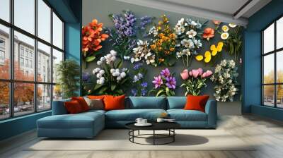 Variety of Flowers in 3D Style: Displays a collection of flowers rendered in a three-dimensional style, showcasing depth and texture. Wall mural