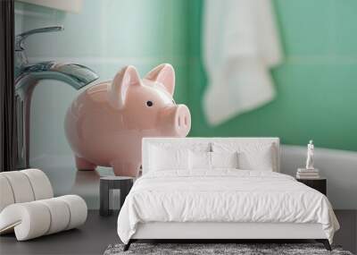 Water-Saving Piggy Bank in Green Eco Bathroom: Environment-Friendly Tap and Bathroom Design Emphasizing Water Conservation and Sustainability. Wall mural