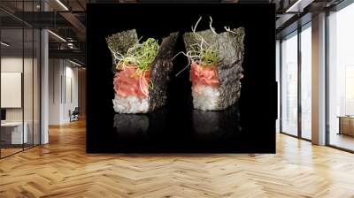 Gunkan sushi with tuna tartare with reflection a black background. menu restaurant. Wall mural