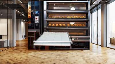 Industrial convection oven with cooked bakery products for catering. Professional kitchen equipment Wall mural