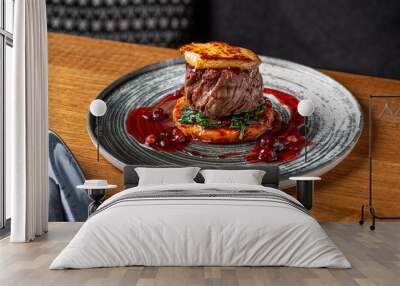 Tournedos Rossini with foie-gras. Fillet mignon steak Serving in the restauran. Wall mural