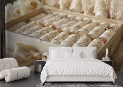 A box of delicate, white lace spools, tied with a satin ribbon, creating a romantic and elegant display. Wall mural