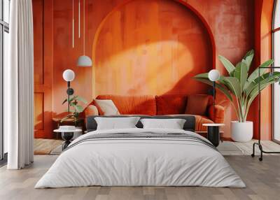 A bright orange living room features a plush sofa, potted plants, and a modern light fixture against a backdrop of a sunny archway. Wall mural