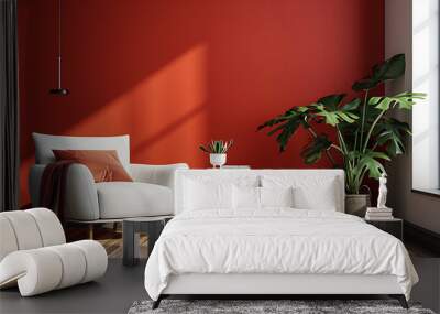 A bright red living room with a white armchair, a side table, and a large green plant. The room is bathed in natural light. Wall mural