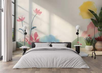 A minimalist room with a floral wall mural, a blue rug, and potted plants. The wall features abstract flowers and leaves in pink, green, and blue against a white background. The room is bathed in warm Wall mural