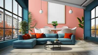 A modern dining room with a pink wall, white chairs, and plants. The room is decorated with two pendant lights and a large frame. Wall mural