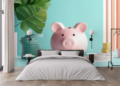 A pink piggy bank sits on a table with coins and plants in the background. Wall mural