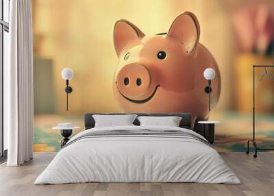 A pink piggy bank with a cheerful smile sits on a table with a few coins scattered nearby. It's a great visual reminder to save your money. Wall mural