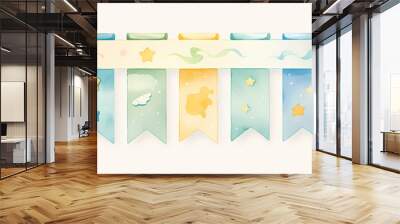 A row of colorful watercolor flags with stars, clouds, and swirls, perfect for a whimsical design. Wall mural