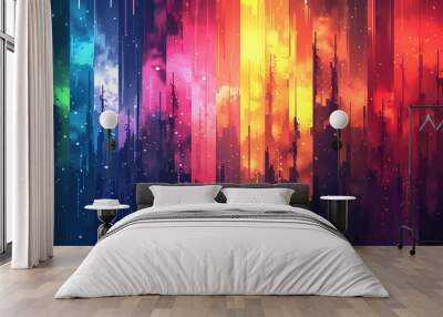 A vibrant cityscape with a colorful sky. The city is silhouetted against the bright colors of the sky, creating a dynamic and abstract image. Wall mural