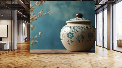 A white ceramic jar with blue floral designs sits on a wooden surface with a soft blue background and dried flowers out of focus. Wall mural