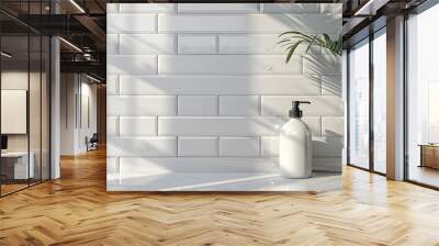 A white pump bottle sits on a white countertop, in front of a white subway tile backsplash, with a green plant to the right of the bottle. Wall mural