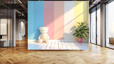 A white teddy bear sits on a white wooden floor in front of a colorful wall. A potted plant sits in the corner of the room. Wall mural