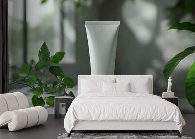 A white tube of lotion sits on a white table with green plants surrounding it. The background is a blurred out window with more greenery. Wall mural