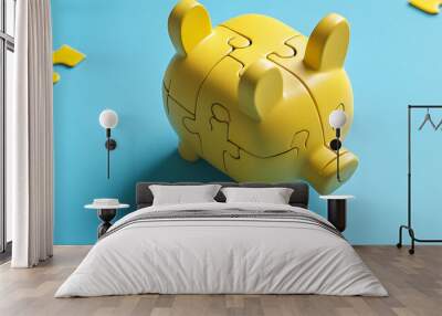 A yellow piggy bank shaped like a puzzle, representing saving and budgeting. Wall mural