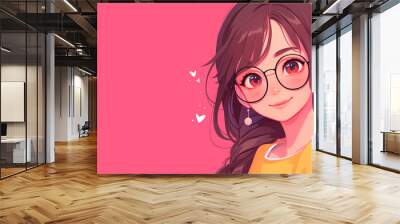 A young woman with long brown hair and glasses smiles sweetly at the camera. Wall mural